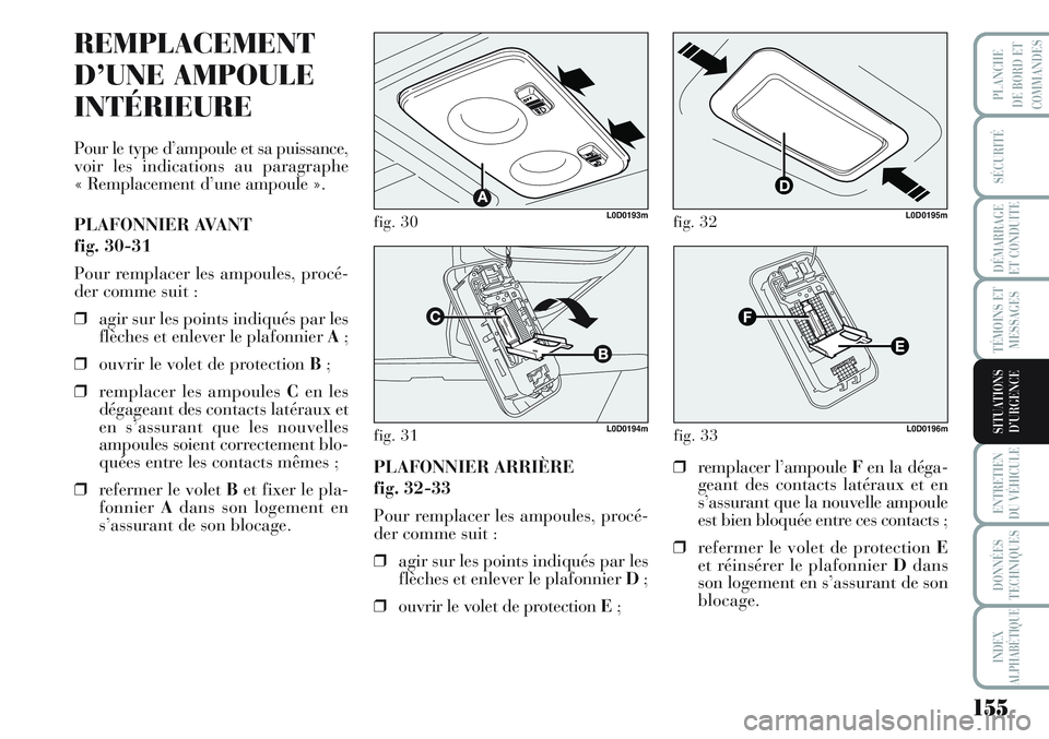 Lancia Musa 2012 Notice dentretien (in French) 155
SÉCURITÉ
DÉMARRAGE
ET CONDUITE
TÉMOINS ET
MESSAGES
ENTRETIEN
DU VÉHICULE
DONNÉES
TECHNIQUES
INDEX
ALPHABÉTIQUE
PLANCHE
DE BORD ET
COMMANDES
SITUATIONS
D’URGENCE
fig. 30L0D0193m
fig. 31L0D Lancia Musa 2012 Notice dentretien (in French) 155
SÉCURITÉ
DÉMARRAGE
ET CONDUITE
TÉMOINS ET
MESSAGES
ENTRETIEN
DU VÉHICULE
DONNÉES
TECHNIQUES
INDEX
ALPHABÉTIQUE
PLANCHE
DE BORD ET
COMMANDES
SITUATIONS
D’URGENCE
fig. 30L0D0193m
fig. 31L0D