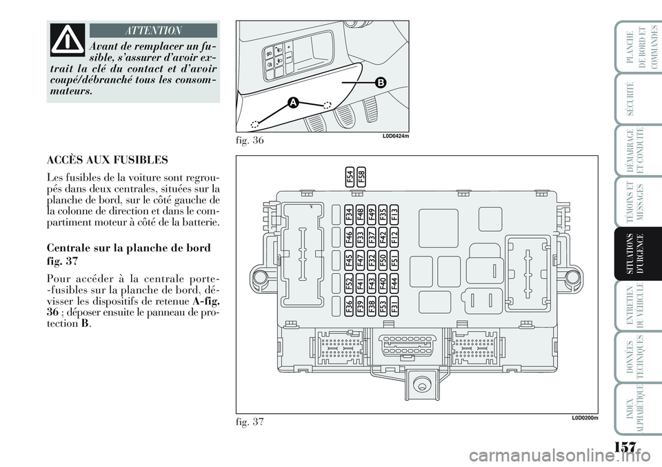 Lancia Musa 2012 Notice dentretien (in French) 157
SÉCURITÉ
DÉMARRAGE
ET CONDUITE
TÉMOINS ET
MESSAGES
ENTRETIEN
DU VÉHICULE
DONNÉES
TECHNIQUES
INDEX
ALPHABÉTIQUE
PLANCHE
DE BORD ET
COMMANDES
SITUATIONS
D’URGENCE
Avant de remplacer un fu-
Lancia Musa 2012 Notice dentretien (in French) 157
SÉCURITÉ
DÉMARRAGE
ET CONDUITE
TÉMOINS ET
MESSAGES
ENTRETIEN
DU VÉHICULE
DONNÉES
TECHNIQUES
INDEX
ALPHABÉTIQUE
PLANCHE
DE BORD ET
COMMANDES
SITUATIONS
D’URGENCE
Avant de remplacer un fu-