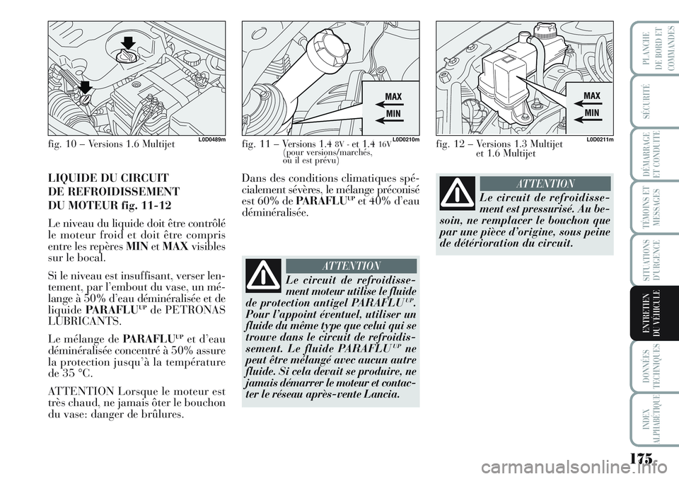 Lancia Musa 2012 Notice dentretien (in French) 175
SÉCURITÉ
DÉMARRAGE
ET CONDUITE
TÉMOINS ET
MESSAGES
SITUATIONS
D’URGENCE
DONNÉES
TECHNIQUES
INDEX
ALPHABÉTIQUE
PLANCHE
DE BORD ET
COMMANDES
ENTRETIEN
DU VÉHICULE
LIQUIDE DU CIRCUIT
DE REF Lancia Musa 2012 Notice dentretien (in French) 175
SÉCURITÉ
DÉMARRAGE
ET CONDUITE
TÉMOINS ET
MESSAGES
SITUATIONS
D’URGENCE
DONNÉES
TECHNIQUES
INDEX
ALPHABÉTIQUE
PLANCHE
DE BORD ET
COMMANDES
ENTRETIEN
DU VÉHICULE
LIQUIDE DU CIRCUIT
DE REF