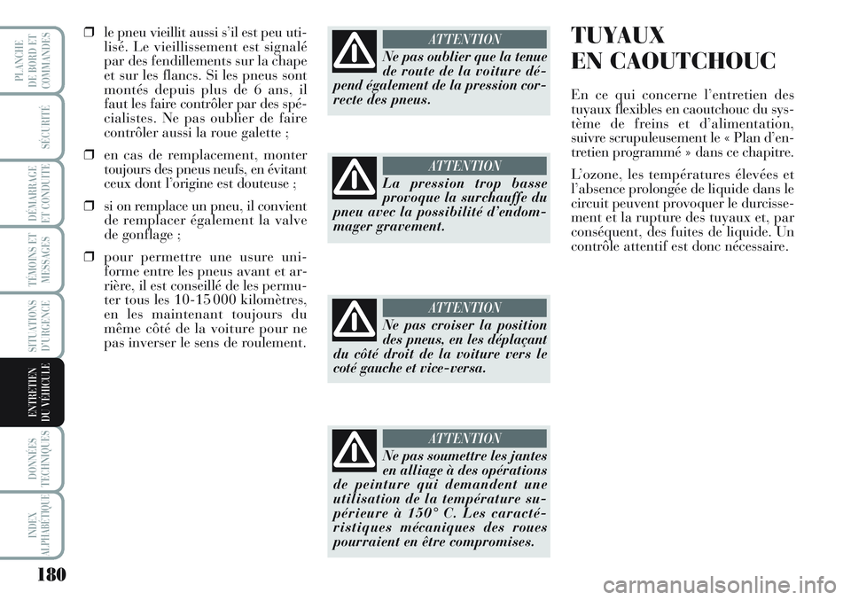 Lancia Musa 2012 Notice dentretien (in French) 180
SÉCURITÉ
DÉMARRAGE
ET CONDUITE
TÉMOINS ET
MESSAGES
SITUATIONS
D’URGENCE
DONNÉES
TECHNIQUES
INDEX
ALPHABÉTIQUE
PLANCHE
DE BORD ET
COMMANDES
ENTRETIEN
DU VÉHICULE
❒le pneu vieillit aussi Lancia Musa 2012 Notice dentretien (in French) 180
SÉCURITÉ
DÉMARRAGE
ET CONDUITE
TÉMOINS ET
MESSAGES
SITUATIONS
D’URGENCE
DONNÉES
TECHNIQUES
INDEX
ALPHABÉTIQUE
PLANCHE
DE BORD ET
COMMANDES
ENTRETIEN
DU VÉHICULE
❒le pneu vieillit aussi