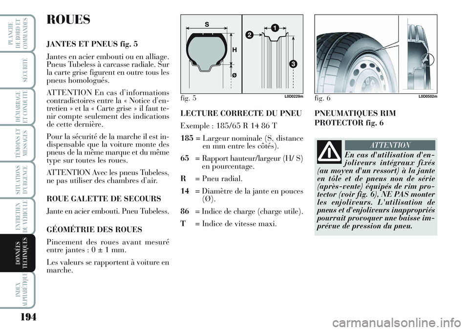 Lancia Musa 2012 Notice dentretien (in French) 194
SÉCURITÉ
DÉMARRAGE
ET CONDUITE
TÉMOINS ET
MESSAGES
SITUATIONS
D’URGENCE
ENTRETIEN
DU VÉHICULE
INDEX
ALPHABÉTIQUE
PLANCHE
DE BORD ET
COMMANDES
DONNÉES
TECHNIQUES
ROUES
JANTES ET PNEUS fig Lancia Musa 2012 Notice dentretien (in French) 194
SÉCURITÉ
DÉMARRAGE
ET CONDUITE
TÉMOINS ET
MESSAGES
SITUATIONS
D’URGENCE
ENTRETIEN
DU VÉHICULE
INDEX
ALPHABÉTIQUE
PLANCHE
DE BORD ET
COMMANDES
DONNÉES
TECHNIQUES
ROUES
JANTES ET PNEUS fig