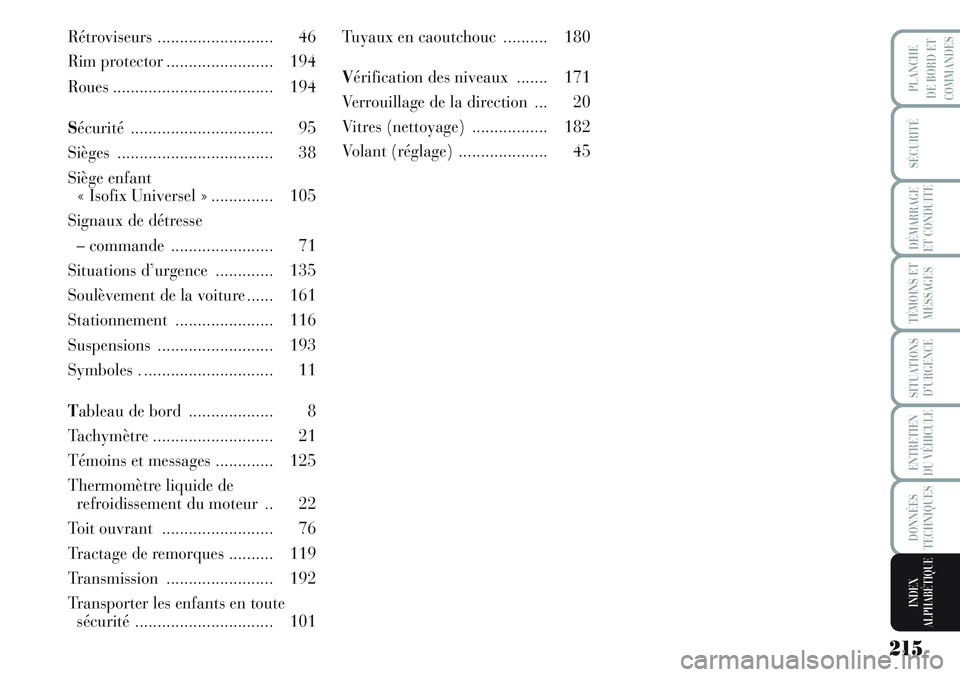 Lancia Musa 2012  Notice dentretien (in French) 215
SÉCURITÉ
DÉMARRAGE
ET CONDUITE
TÉMOINS ET
MESSAGES
SITUATIONS
D’URGENCE
ENTRETIEN
DU VÉHICULE
DONNÉES
TECHNIQUES
PLANCHE
DE BORD ET
COMMANDES
INDEX
ALPHABÉTIQUE
Rétroviseurs ............