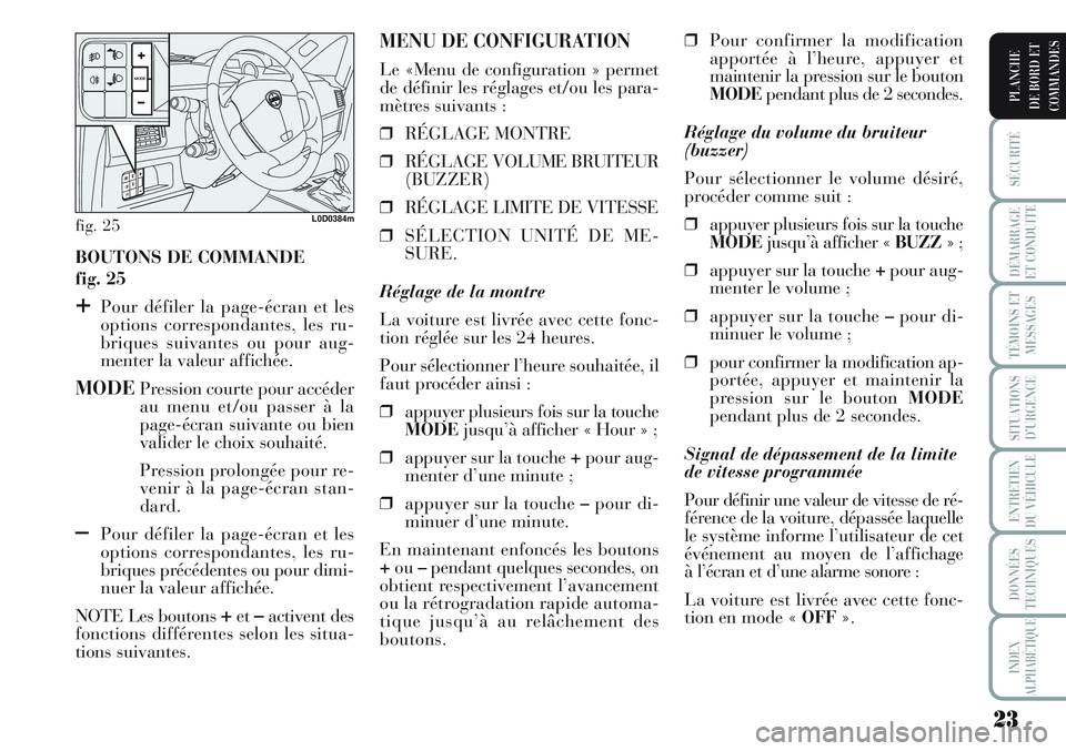 Lancia Musa 2011 Notice dentretien (in French) 23
SÉCURITÉ
DÉMARRAGE
ET CONDUITE
TÉMOINS ET
MESSAGES
SITUATIONS
D’URGENCE
ENTRETIEN
DU VÉHICULE
DONNÉES
TECHNIQUES
INDEX
ALPHABÉTIQUE
PLANCHE
DE BORD ET
COMMANDES
BOUTONS DE COMMANDE
fig. 25 Lancia Musa 2011 Notice dentretien (in French) 23
SÉCURITÉ
DÉMARRAGE
ET CONDUITE
TÉMOINS ET
MESSAGES
SITUATIONS
D’URGENCE
ENTRETIEN
DU VÉHICULE
DONNÉES
TECHNIQUES
INDEX
ALPHABÉTIQUE
PLANCHE
DE BORD ET
COMMANDES
BOUTONS DE COMMANDE
fig. 25