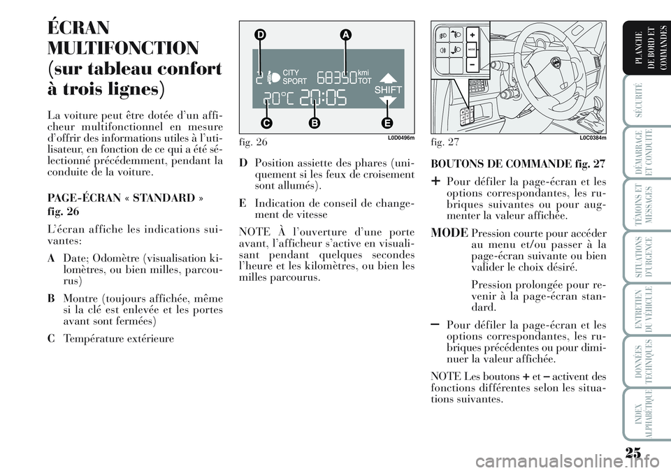 Lancia Musa 2011  Notice dentretien (in French) 25
SÉCURITÉ
DÉMARRAGE
ET CONDUITE
TÉMOINS ET
MESSAGES
SITUATIONS
D’URGENCE
ENTRETIEN
DU VÉHICULE
DONNÉES
TECHNIQUES
INDEX
ALPHABÉTIQUE
PLANCHE
DE BORD ET
COMMANDES
fig. 26L0D0496m
ÉCRAN
MULT