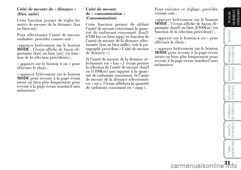 Lancia Musa 2012 Notice dentretien (in French) 31
SÉCURITÉ
DÉMARRAGE
ET CONDUITE
TÉMOINS ET
MESSAGES
SITUATIONS
D’URGENCE
ENTRETIEN
DU VÉHICULE
DONNÉES
TECHNIQUES
INDEX
ALPHABÉTIQUE
PLANCHE
DE BORD ET
COMMANDES
Unité de mesure de « dist Lancia Musa 2012 Notice dentretien (in French) 31
SÉCURITÉ
DÉMARRAGE
ET CONDUITE
TÉMOINS ET
MESSAGES
SITUATIONS
D’URGENCE
ENTRETIEN
DU VÉHICULE
DONNÉES
TECHNIQUES
INDEX
ALPHABÉTIQUE
PLANCHE
DE BORD ET
COMMANDES
Unité de mesure de « dist