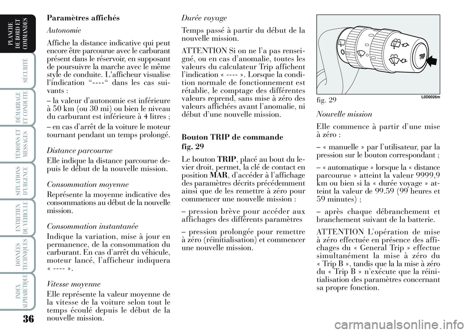 Lancia Musa 2011  Notice dentretien (in French) 36
SÉCURITÉ
DÉMARRAGE
ET CONDUITE
TÉMOINS ET
MESSAGES
SITUATIONS
D’URGENCE
ENTRETIEN
DU VÉHICULE 
DONNÉES
TECHNIQUES
INDEX
ALPHABÉTIQUE
PLANCHE
DE BORD ET
COMMANDES
Nouvelle mission 
Elle com