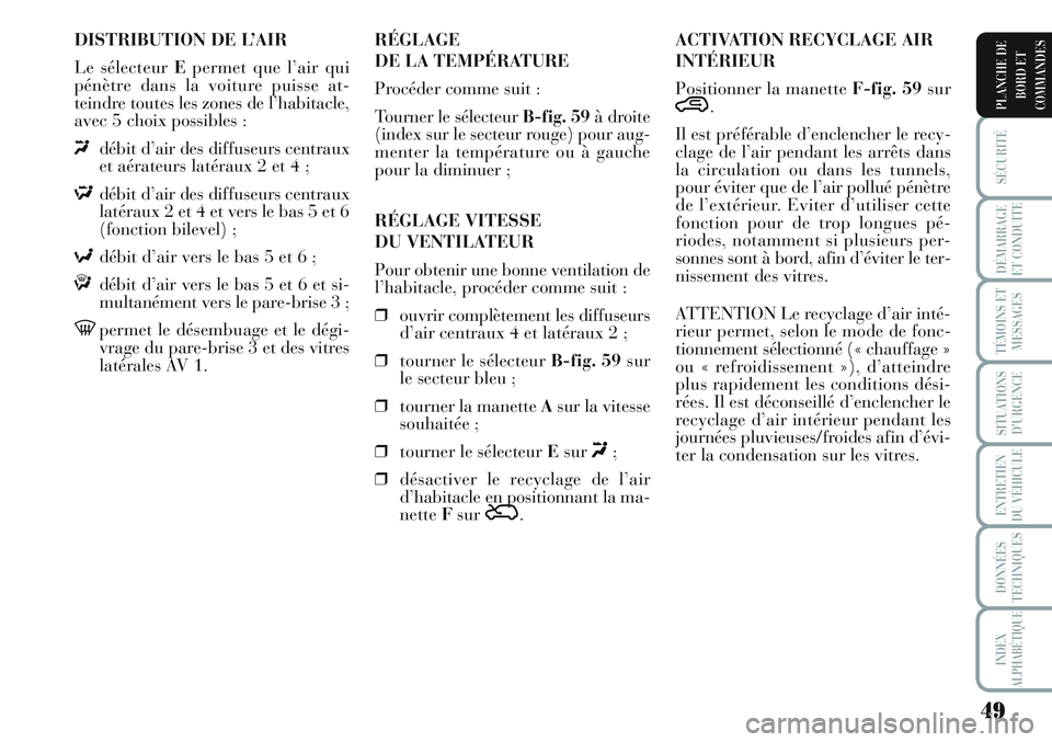 Lancia Musa 2011  Notice dentretien (in French) 49
SÉCURITÉ
DÉMARRAGE
ET CONDUITE
TÉMOINS ET
MESSAGES
SITUATIONS
D’URGENCE
ENTRETIEN
DU VÉHICULE
DONNÉES
TECHNIQUES
INDEX
ALPHABÉTIQUE
PLANCHE DE
BORD ET
COMMANDES
DISTRIBUTION DE L’AIR
Le 