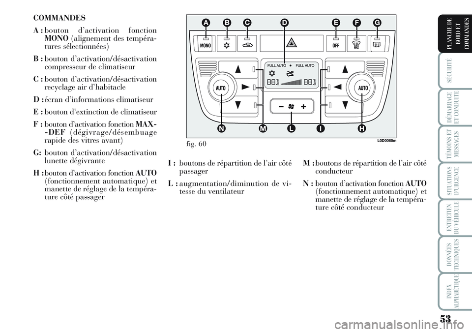 Lancia Musa 2012 Notice dentretien (in French) 53
SÉCURITÉ
DÉMARRAGE
ET CONDUITE
TÉMOINS ET
MESSAGES
SITUATIONS
D’URGENCE
ENTRETIEN
DU VÉHICULE
DONNÉES
TECHNIQUES
INDEX
ALPHABÉTIQUE
PLANCHE DE
BORD ET
COMMANDES
COMMANDES
A :bouton d’act Lancia Musa 2012 Notice dentretien (in French) 53
SÉCURITÉ
DÉMARRAGE
ET CONDUITE
TÉMOINS ET
MESSAGES
SITUATIONS
D’URGENCE
ENTRETIEN
DU VÉHICULE
DONNÉES
TECHNIQUES
INDEX
ALPHABÉTIQUE
PLANCHE DE
BORD ET
COMMANDES
COMMANDES
A :bouton d’act