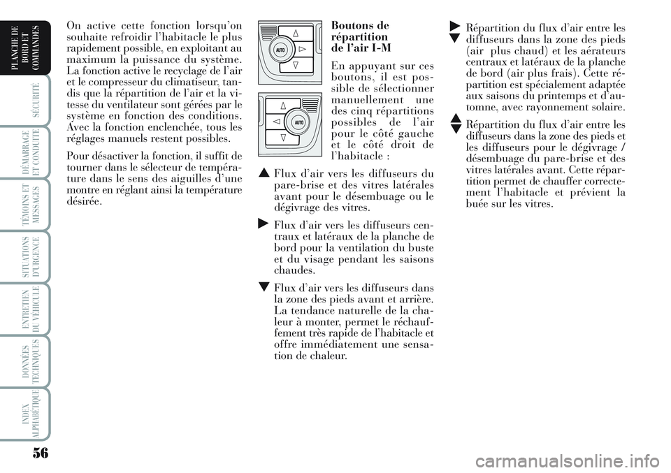 Lancia Musa 2011  Notice dentretien (in French) 56
SÉCURITÉ
DÉMARRAGE
ET CONDUITE
TÉMOINS ET
MESSAGES
SITUATIONS
D’URGENCE
ENTRETIEN
DU VÉHICULE 
DONNÉES
TECHNIQUES
INDEX
ALPHABÉTIQUE
PLANCHE DE
BORD ET
COMMANDES
˙
▼Répartition du flux