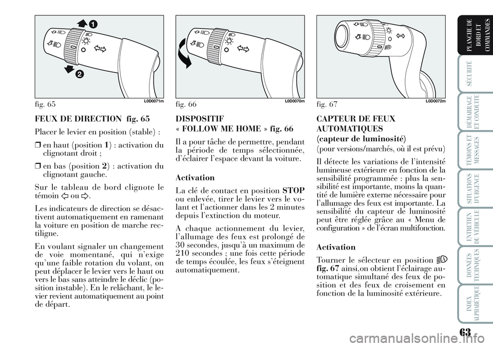 Lancia Musa 2011  Notice dentretien (in French) 63
SÉCURITÉ
DÉMARRAGE
ET CONDUITE
TÉMOINS ET
MESSAGES
SITUATIONS
D’URGENCE
ENTRETIEN
DU VÉHICULE
DONNÉES
TECHNIQUES
INDEX
ALPHABÉTIQUE
PLANCHE DE
BORD ET
COMMANDES
FEUX DE DIRECTION  fig. 65
