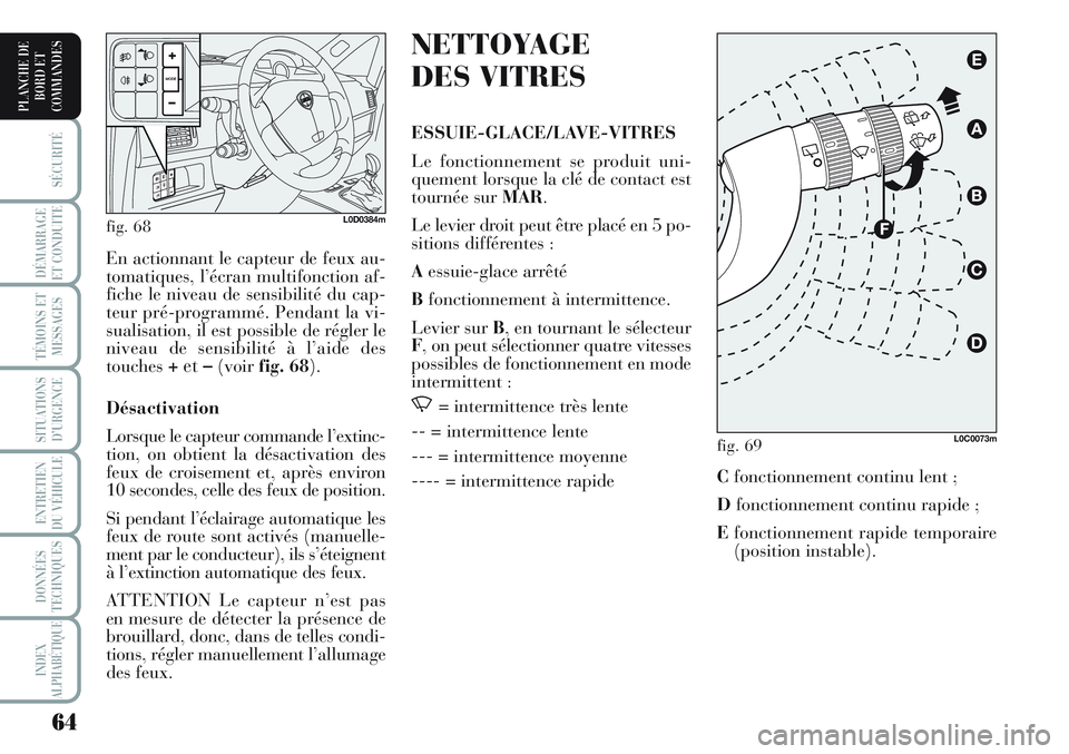Lancia Musa 2012 Notice dentretien (in French) 64
SÉCURITÉ
DÉMARRAGE
ET CONDUITE
TÉMOINS ET
MESSAGES
SITUATIONS
D’URGENCE
ENTRETIEN
DU VÉHICULE
DONNÉES
TECHNIQUES
INDEX
ALPHABÉTIQUE
PLANCHE DE
BORD ET
COMMANDES
NETTOYAGE
DES VITRES
ESSU Lancia Musa 2012 Notice dentretien (in French) 64
SÉCURITÉ
DÉMARRAGE
ET CONDUITE
TÉMOINS ET
MESSAGES
SITUATIONS
D’URGENCE
ENTRETIEN
DU VÉHICULE
DONNÉES
TECHNIQUES
INDEX
ALPHABÉTIQUE
PLANCHE DE
BORD ET
COMMANDES
NETTOYAGE
DES VITRES
ESSU