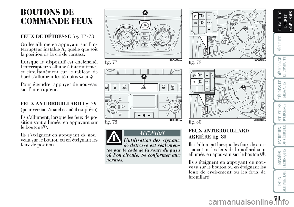 Lancia Musa 2012 Notice dentretien (in French) 71
SÉCURITÉ
DÉMARRAGE
ET CONDUITE
TÉMOINS ET
MESSAGES
SITUATIONS
D’URGENCE
ENTRETIEN
DU VÉHICULE
DONNÉES
TECHNIQUES
INDEX
ALPHABÉTIQUE
PLANCHE DE
BORD ET
COMMANDES
BOUTONS DE
COMMANDE FEUX
FE Lancia Musa 2012 Notice dentretien (in French) 71
SÉCURITÉ
DÉMARRAGE
ET CONDUITE
TÉMOINS ET
MESSAGES
SITUATIONS
D’URGENCE
ENTRETIEN
DU VÉHICULE
DONNÉES
TECHNIQUES
INDEX
ALPHABÉTIQUE
PLANCHE DE
BORD ET
COMMANDES
BOUTONS DE
COMMANDE FEUX
FE