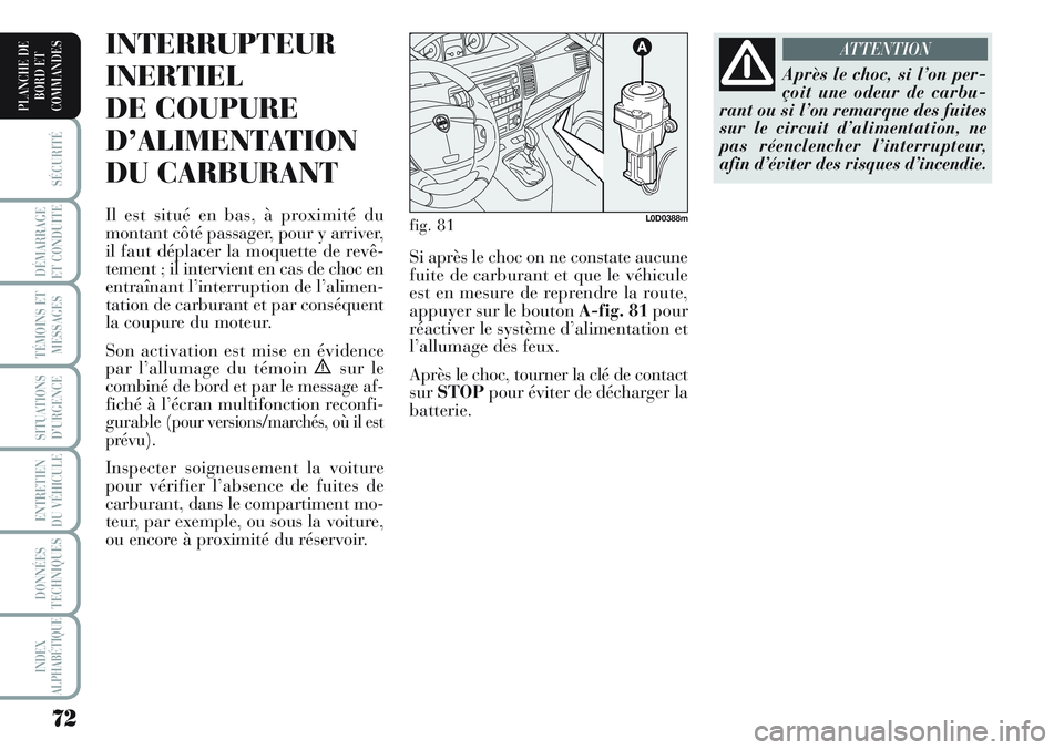 Lancia Musa 2011  Notice dentretien (in French) 72
SÉCURITÉ
DÉMARRAGE
ET CONDUITE
TÉMOINS ET
MESSAGES
SITUATIONS
D’URGENCE
ENTRETIEN
DU VÉHICULE 
DONNÉES
TECHNIQUES
INDEX
ALPHABÉTIQUE
PLANCHE DE
BORD ET
COMMANDES
INTERRUPTEUR
INERTIEL 
DE 