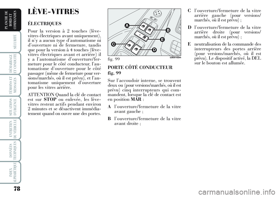 Lancia Musa 2012 Notice dentretien (in French) 78
SÉCURITÉ
DÉMARRAGE
ET CONDUITE
TÉMOINS ET
MESSAGES
SITUATIONS
D’URGENCE
ENTRETIEN
DU VÉHICULE
DONNÉES
TECHNIQUES
INDEX
ALPHABÉTIQUE
PLANCHE DE
BORD ET
COMMANDES
PORTE CÔTÉ CONDUCTEUR
f Lancia Musa 2012 Notice dentretien (in French) 78
SÉCURITÉ
DÉMARRAGE
ET CONDUITE
TÉMOINS ET
MESSAGES
SITUATIONS
D’URGENCE
ENTRETIEN
DU VÉHICULE
DONNÉES
TECHNIQUES
INDEX
ALPHABÉTIQUE
PLANCHE DE
BORD ET
COMMANDES
PORTE CÔTÉ CONDUCTEUR
f