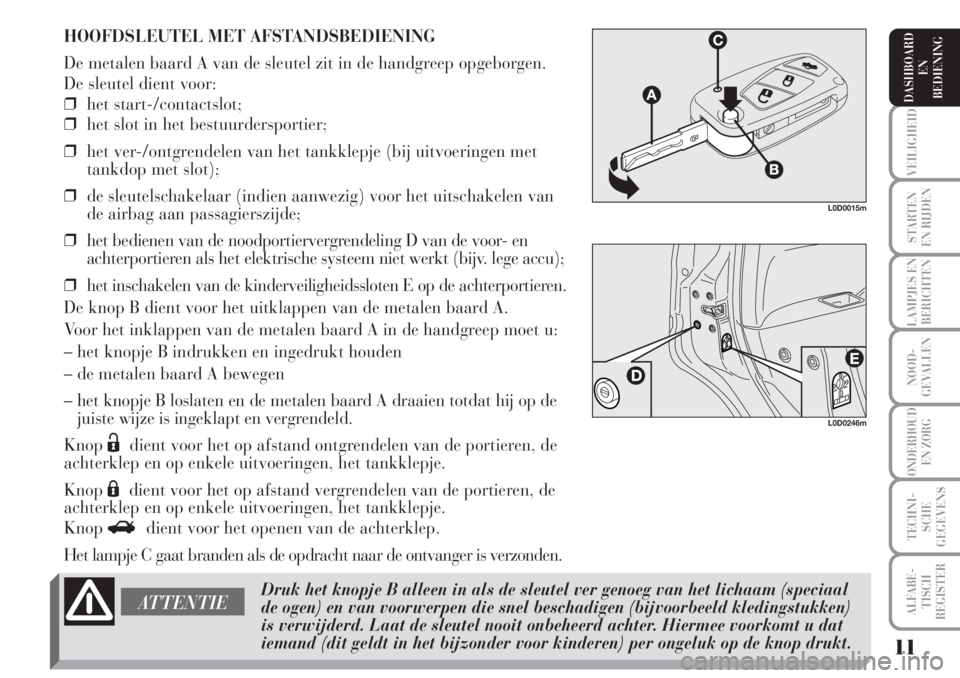 Lancia Musa 2006  Instructieboek (in Dutch) HOOFDSLEUTEL MET AFSTANDSBEDIENING
De metalen baard A van de sleutel zit in de handgreep opgeborgen.
De sleutel dient voor:
❒het start-/contactslot;
❒het slot in het bestuurdersportier;
❒het ver