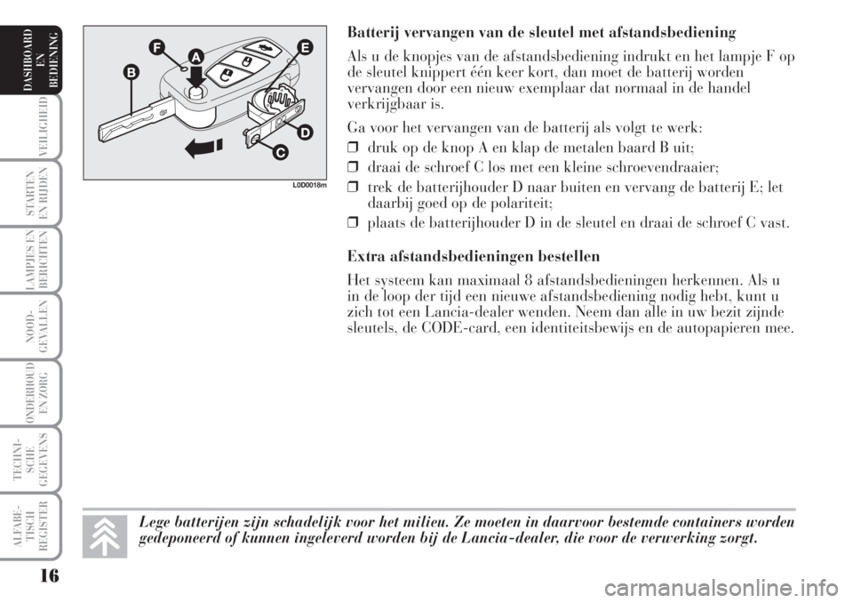 Lancia Musa 2005  Instructieboek (in Dutch) Batterij vervangen van de sleutel met afstandsbediening
Als u de knopjes van de afstandsbediening indrukt en het lampje F op
de sleutel knippert één keer kort, dan moet de batterij worden
vervangen 