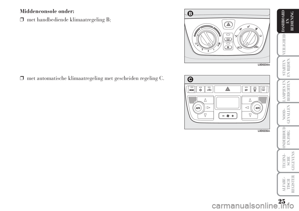 Lancia Musa 2005  Instructieboek (in Dutch) L0D0234m
L0D0235m
❒met automatische klimaatregeling met gescheiden regeling C.
25
VEILIGHEID
STARTEN 
EN RIJDEN
LAMPJES EN
BERICHTEN
NOOD-
GEVALLEN
ONDERHOUD 
EN ZORG
TECHNI-
SCHE
GEGEVENS
ALFABE-
T