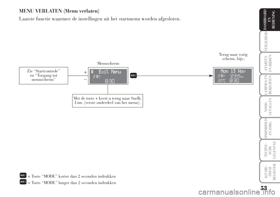 Lancia Musa 2005  Instructieboek (in Dutch) 53
VEILIGHEID
STARTEN 
EN RIJDEN
LAMPJES EN
BERICHTEN
NOOD-
GEVALLEN
ONDERHOUD 
EN ZORG
TECHNI-
SCHE
GEGEVENS
ALFABE-
TISCH
REGISTER
DASHBOARD 
EN
BEDIENING 
MENU VERLATEN (Menu verlaten)
Laatste func