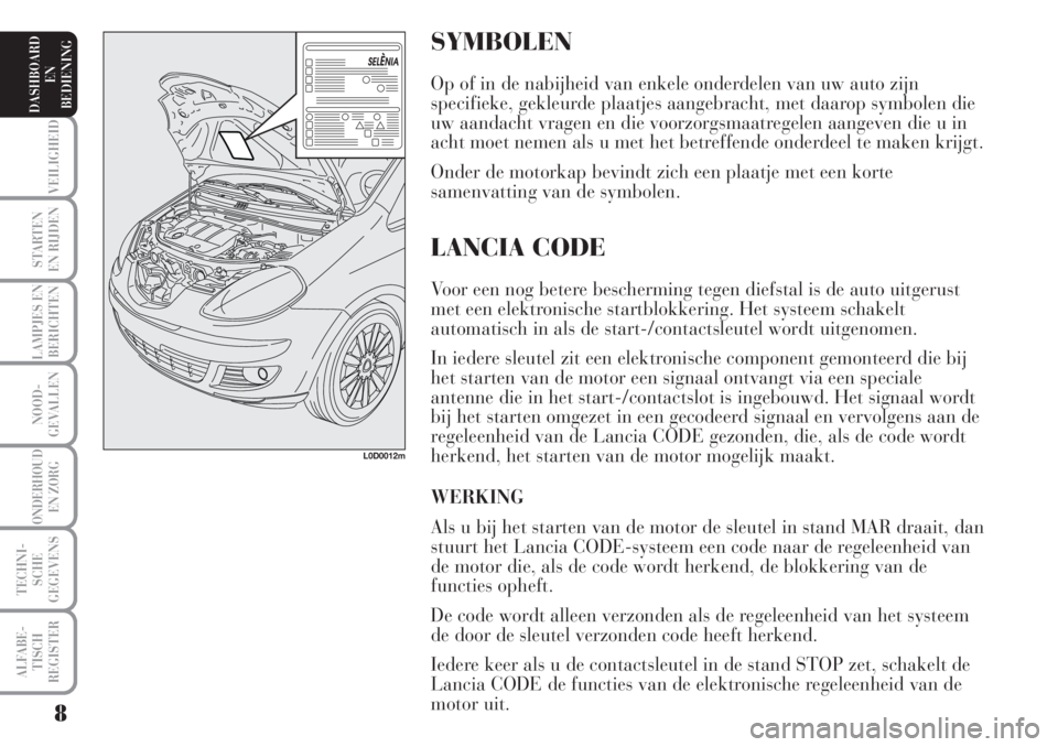 Lancia Musa 2005  Instructieboek (in Dutch) SYMBOLEN
Op of in de nabijheid van enkele onderdelen van uw auto zijn
specifieke, gekleurde plaatjes aangebracht, met daarop symbolen die
uw aandacht vragen en die voorzorgsmaatregelen aangeven die u 