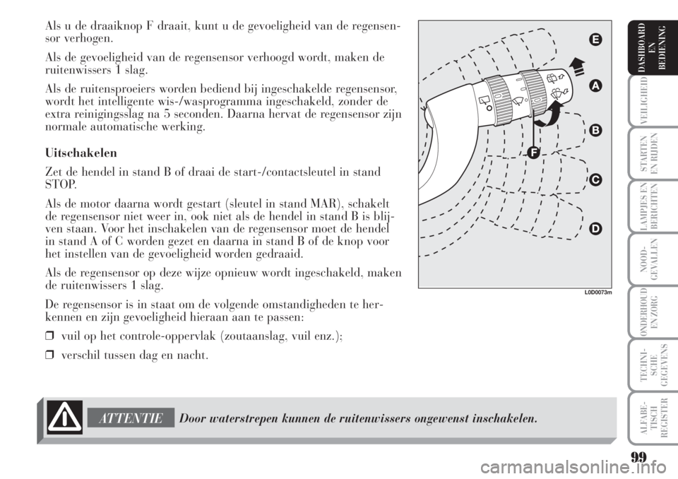 Lancia Musa 2006  Instructieboek (in Dutch) 99
VEILIGHEID
STARTEN 
EN RIJDEN
LAMPJES EN
BERICHTEN
NOOD-
GEVALLEN
ONDERHOUD 
EN ZORG
TECHNI-
SCHE
GEGEVENS
ALFABE-
TISCH
REGISTER
DASHBOARD 
EN
BEDIENING 
Als u de draaiknop F draait, kunt u de gev