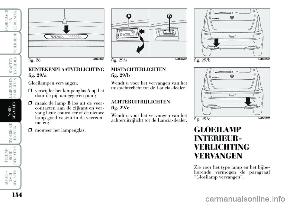 Lancia Musa 2008 Instructieboek (in Dutch) 154
LAMPJES EN
BERICHTEN
ONDERHOUD
EN ZORG
TECHNI-
SCHE
GEGEVENS
ALFABE-
TISCH
REGISTER
DASHBOARD
EN
BEDIENING
VEILIGHEID
STARTEN
EN RIJDEN
NOOD-
GEVALLEN
KENTEKENPLAATVERLICHTING
fig. 29/a
Gloeil Lancia Musa 2008 Instructieboek (in Dutch) 154
LAMPJES EN
BERICHTEN
ONDERHOUD
EN ZORG
TECHNI-
SCHE
GEGEVENS
ALFABE-
TISCH
REGISTER
DASHBOARD
EN
BEDIENING
VEILIGHEID
STARTEN
EN RIJDEN
NOOD-
GEVALLEN
KENTEKENPLAATVERLICHTING
fig. 29/a
Gloeil