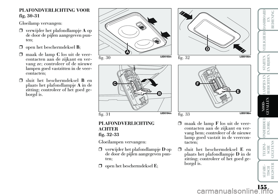 Lancia Musa 2008 Instructieboek (in Dutch) 155
LAMPJES EN
BERICHTEN
ONDERHOUD
EN ZORG
TECHNI-
SCHE
GEGEVENS
ALFABE-
TISCH
REGISTER
DASHBOARD
EN
BEDIENING
VEILIGHEID
STARTEN
EN RIJDEN
NOOD-
GEVALLEN
fig. 30L0D0193m
fig. 31L0D0194m
PLAFONDVE Lancia Musa 2008 Instructieboek (in Dutch) 155
LAMPJES EN
BERICHTEN
ONDERHOUD
EN ZORG
TECHNI-
SCHE
GEGEVENS
ALFABE-
TISCH
REGISTER
DASHBOARD
EN
BEDIENING
VEILIGHEID
STARTEN
EN RIJDEN
NOOD-
GEVALLEN
fig. 30L0D0193m
fig. 31L0D0194m
PLAFONDVE