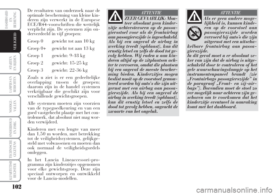 Lancia Musa 2010  Instructieboek (in Dutch) 102
STARTEN 
EN RIJDEN
LAMPJES EN
BERICHTEN
NOODGE-
VALLEN
ONDERHOUD
EN ZORG
TECHNISCHE
GEGEVENS
ALFABTETISH
REGISTER
DASHBOARD
EN
BEDIENING
VEILIGHEID
De resultaten van onderzoek naar de
optimale bes