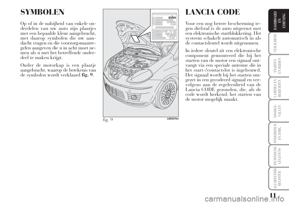 Lancia Musa 2011  Instructieboek (in Dutch) 11
STARTEN
EN RIJDEN
LAMPJES EN
BERICHTEN
NOODGE-
VALLEN
ONDERHOUD
EN ZORG
TECHNISCHE
GEGEVENS
ALFABTETISH
REGISTER
VEILIGHEID
DASHBOARD
EN
EDIENING
SYMBOLEN
Op of in de nabijheid van enkele on-
derde