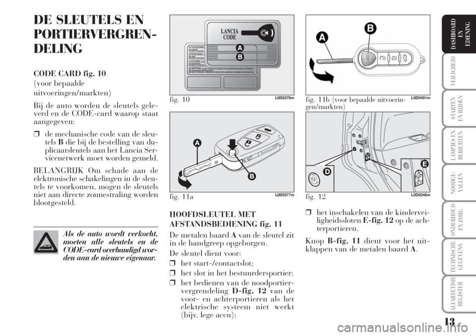 Lancia Musa 2011  Instructieboek (in Dutch) 13
STARTEN
EN RIJDEN
LAMPJES EN
BERICHTEN
NOODGE-
VALLEN
ONDERHOUD
EN ZORG
TECHNISCHE
GEGEVENS
ALFABTETISH
REGISTER
VEILIGHEID
DASHBOARD
EN
EDIENING
DE SLEUTELS EN
PORTIERVERGREN-
DELING
CODE CARD fig