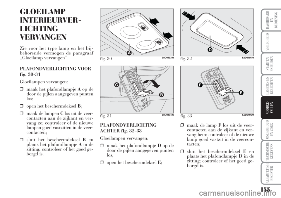 Lancia Musa 2012 Instructieboek (in Dutch) 155
LAMPJES EN
BERICHTEN
ONDERHOUD
EN ZORG
TECHNISCHE
GEGEVENS
ALFABTETISH
REGISTER
DASHBOARD
EN
BEDIENING
VEILIGHEID
STARTEN
EN RIJDEN
NOODGE-
VALLEN
fig. 30L0D0193m
fig. 31L0D0194m
GLOEILAMP
INTERI Lancia Musa 2012 Instructieboek (in Dutch) 155
LAMPJES EN
BERICHTEN
ONDERHOUD
EN ZORG
TECHNISCHE
GEGEVENS
ALFABTETISH
REGISTER
DASHBOARD
EN
BEDIENING
VEILIGHEID
STARTEN
EN RIJDEN
NOODGE-
VALLEN
fig. 30L0D0193m
fig. 31L0D0194m
GLOEILAMP
INTERI