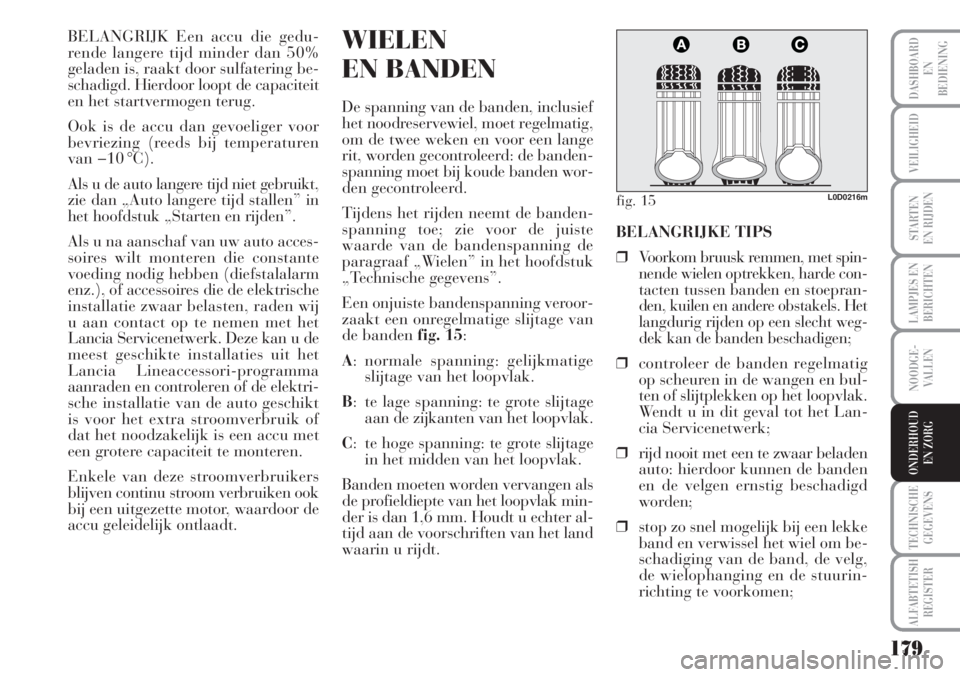 Lancia Musa 2011  Instructieboek (in Dutch) 179
LAMPJES EN
BERICHTEN
TECHNISCHE
GEGEVENS
ALFABTETISH
REGISTER
DASHBOARD
EN
BEDIENING
VEILIGHEID
STARTEN 
EN RIJDEN
NOODGE-
VALLEN
ONDERHOUD
EN ZORG
BELANGRIJK Een accu die gedu-
rende langere tijd