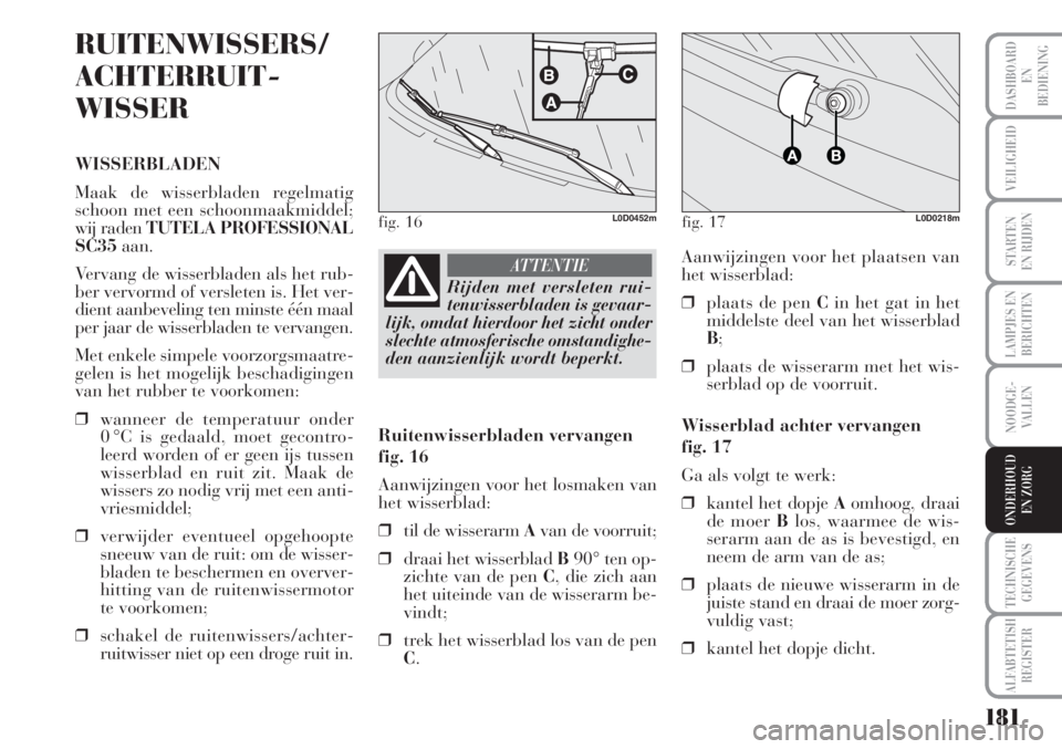 Lancia Musa 2012 Instructieboek (in Dutch) 181
LAMPJES EN
BERICHTEN
TECHNISCHE
GEGEVENS
ALFABTETISH
REGISTER
DASHBOARD
EN
BEDIENING
VEILIGHEID
STARTEN
EN RIJDEN
NOODGE-
VALLEN
ONDERHOUD
EN ZORG
RUITENWISSERS/
ACHTERRUIT-
WISSER
WISSERBLADEN
M Lancia Musa 2012 Instructieboek (in Dutch) 181
LAMPJES EN
BERICHTEN
TECHNISCHE
GEGEVENS
ALFABTETISH
REGISTER
DASHBOARD
EN
BEDIENING
VEILIGHEID
STARTEN
EN RIJDEN
NOODGE-
VALLEN
ONDERHOUD
EN ZORG
RUITENWISSERS/
ACHTERRUIT-
WISSER
WISSERBLADEN
M