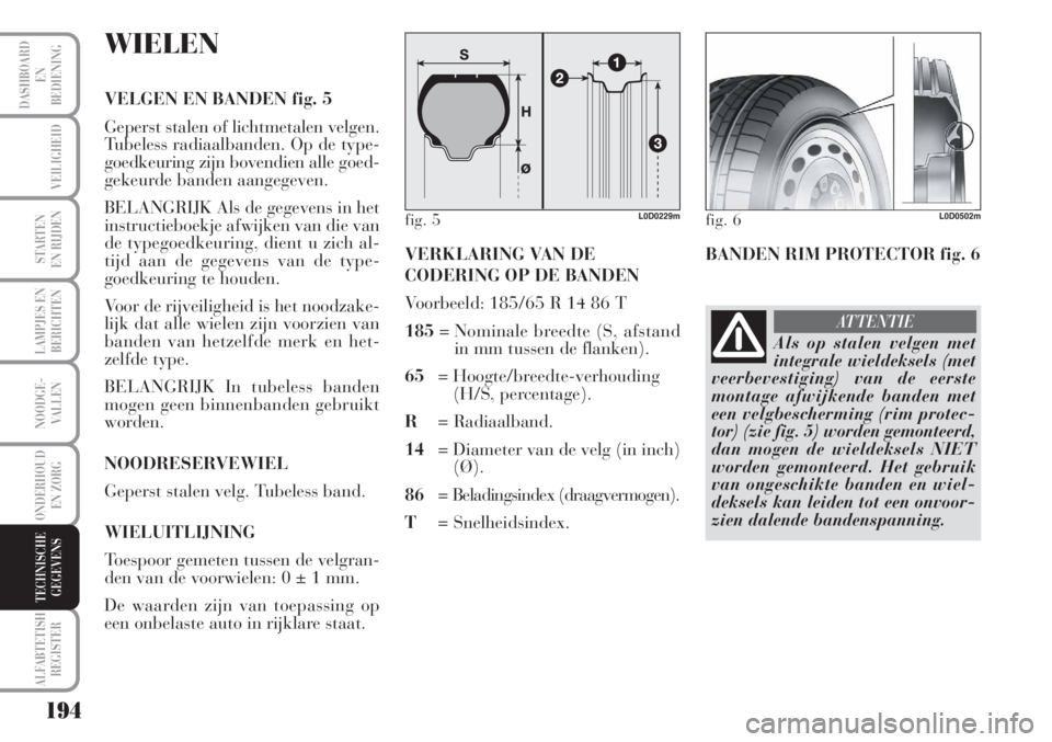 Lancia Musa 2012 Instructieboek (in Dutch) 194
LAMPJES EN
BERICHTEN
ALFABTETISH
REGISTER
DASHBOARD
EN
BEDIENING
VEILIGHEID
STARTEN
EN RIJDEN
NOODGE-
VALLEN
ONDERHOUD
EN ZORG
TECHNISCHE
GEGEVENS
WIELEN
VELGEN EN BANDEN fig. 5
Geperst stalen of Lancia Musa 2012 Instructieboek (in Dutch) 194
LAMPJES EN
BERICHTEN
ALFABTETISH
REGISTER
DASHBOARD
EN
BEDIENING
VEILIGHEID
STARTEN
EN RIJDEN
NOODGE-
VALLEN
ONDERHOUD
EN ZORG
TECHNISCHE
GEGEVENS
WIELEN
VELGEN EN BANDEN fig. 5
Geperst stalen of