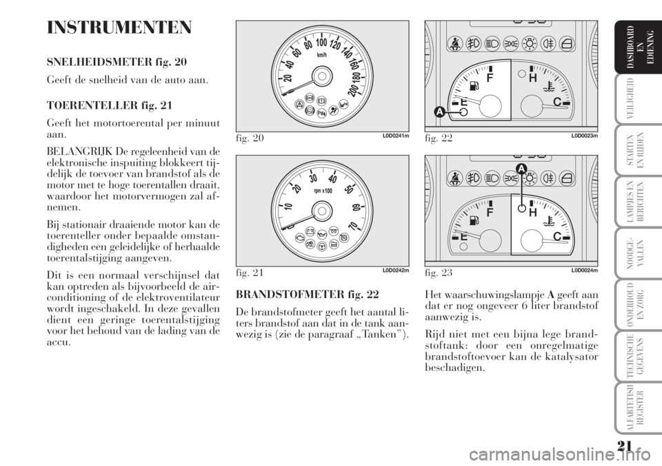 Lancia Musa 2012  Instructieboek (in Dutch) 21
STARTEN
EN RIJDEN
LAMPJES EN
BERICHTEN
NOODGE-
VALLEN
ONDERHOUD
EN ZORG
TECHNISCHE
GEGEVENS
ALFABTETISH
REGISTER
VEILIGHEID
DASHBOARD
EN
EDIENING
INSTRUMENTEN
SNELHEIDSMETER fig. 20
Geeft de snelhe