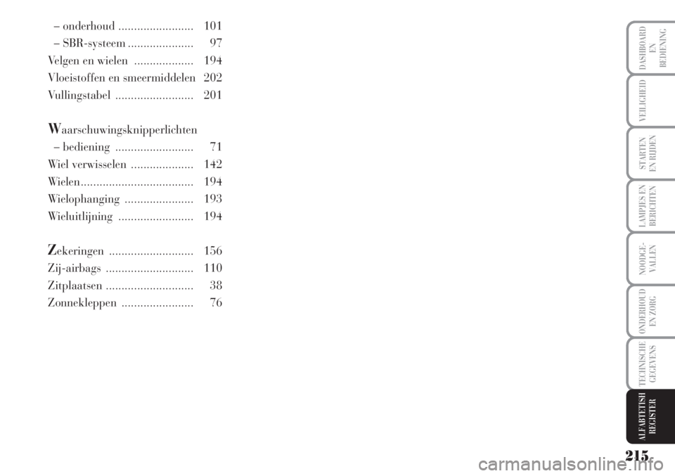 Lancia Musa 2012  Instructieboek (in Dutch) 215
LAMPJES EN
BERICHTEN
DASHBOARD
EN
BEDIENING
VEILIGHEID
STARTEN
EN RIJDEN
NOODGE-
VALLEN
ONDERHOUD
EN ZORG
TECHNISCHE
GEGEVENS
ALFABTETISH
REGISTER
– onderhoud ........................ 101
– SB