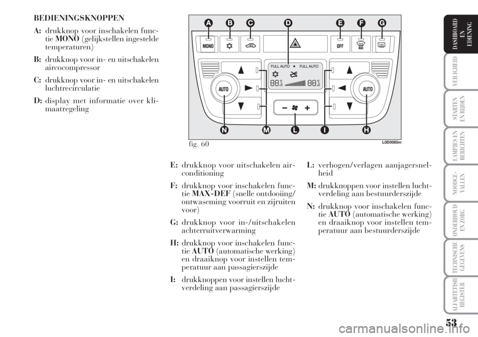 Lancia Musa 2011  Instructieboek (in Dutch) 53
STARTEN
EN RIJDEN
LAMPJES EN
BERICHTEN
NOODGE-
VALLEN
ONDERHOUD
EN ZORG
TECHNISCHE
GEGEVENS
ALFABTETISH
REGISTER
VEILIGHEID
DASHBOARD
EN
EDIENING
BEDIENINGSKNOPPEN
A:drukknop voor inschakelen func-