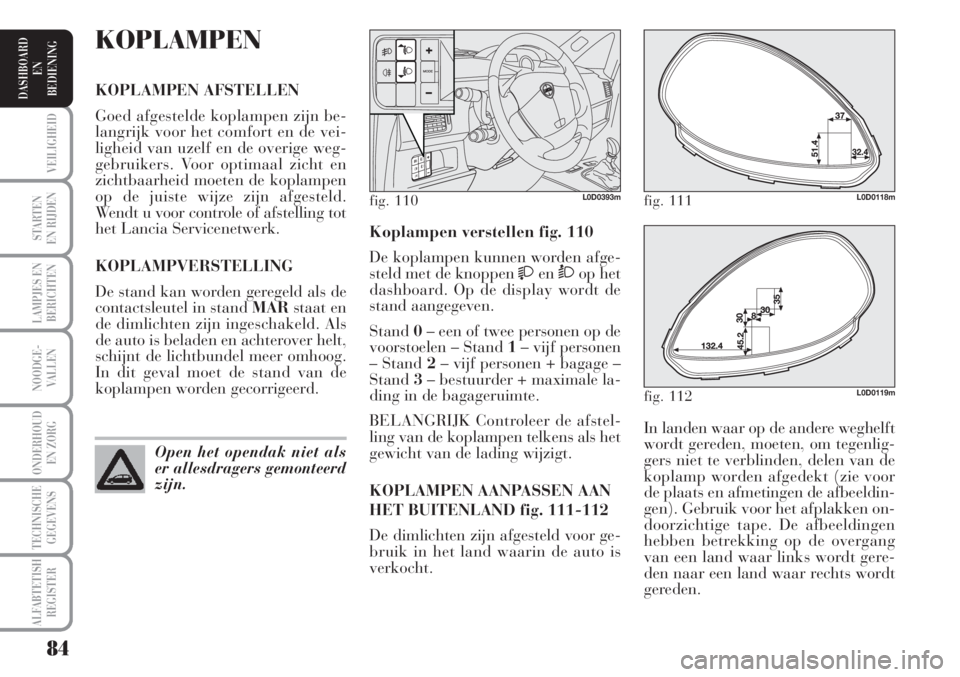 Lancia Musa 2011  Instructieboek (in Dutch) 84
STARTEN
EN RIJDEN
LAMPJES EN
BERICHTEN
NOODGE-
VALLEN
ONDERHOUD
EN ZORG
TECHNISCHE
GEGEVENS
ALFABTETISH
REGISTER
VEILIGHEID
DASHBOARD
EN
BEDIENING
In landen waar op de andere weghelft
wordt gereden