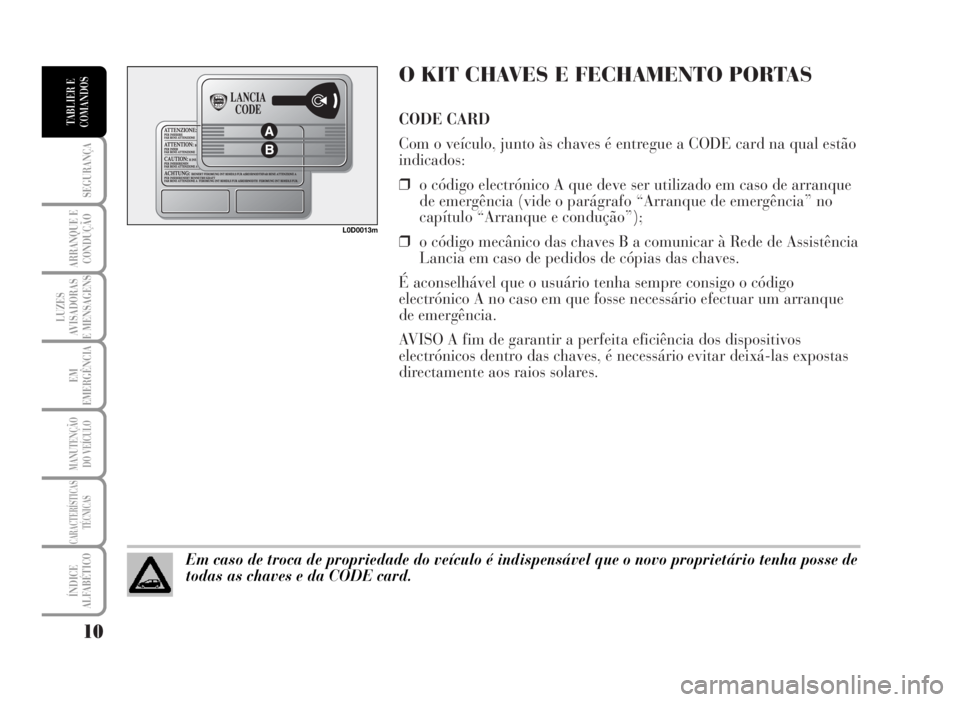 Lancia Musa 2007 Manual de Uso e Manutenção (in Portuguese) O KIT CHAVES E FECHAMENTO PORTAS
CODE CARD
Com o veículo, junto às chaves é entregue a CODE card na qual estão
indicados:
❒o código electrónico A que deve ser utilizado em caso de arranque
de Lancia Musa 2007 Manual de Uso e Manutenção (in Portuguese) O KIT CHAVES E FECHAMENTO PORTAS
CODE CARD
Com o veículo, junto às chaves é entregue a CODE card na qual estão
indicados:
❒o código electrónico A que deve ser utilizado em caso de arranque
de