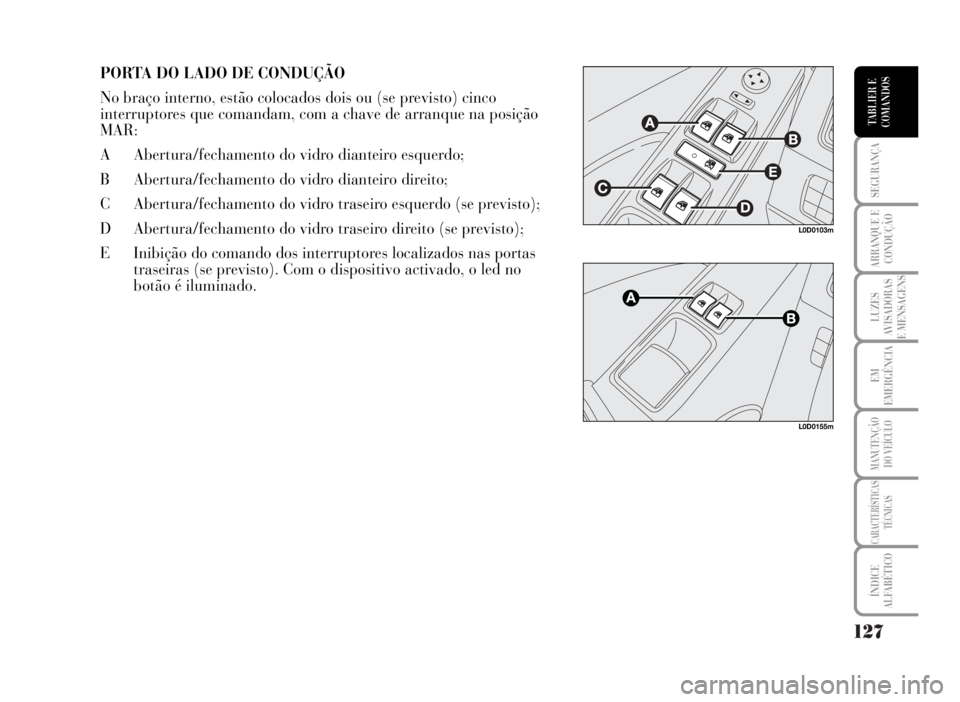 Lancia Musa 2007  Manual de Uso e Manutenção (in Portuguese) 127
SEGURANÇA
ARRANQUE E
CONDUÇÃO
LUZES
AVISADORAS
E MENSAGENS
EM
EMERGÊNCIA
MANUTENÇÃO
DO VEÍCULO
CARACTERÍSTICAS
TÉCNICAS
ÍNDICE
ALFABÉTICO
TABLIER E
COMANDOS
PORTA DO LADO DE CONDUÇÃO
