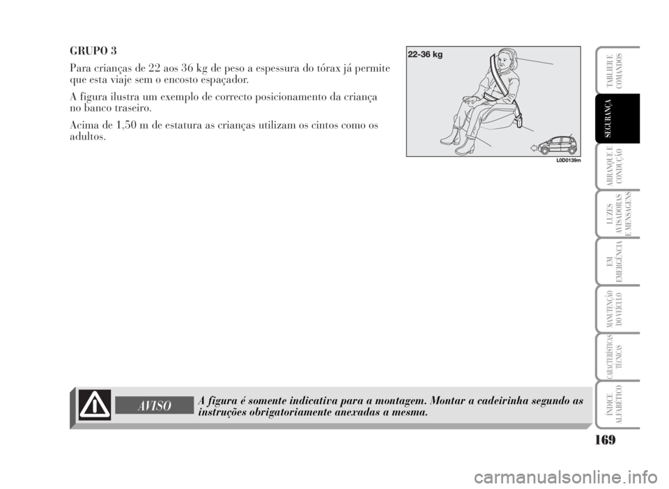 Lancia Musa 2007  Manual de Uso e Manutenção (in Portuguese) GRUPO 3
Para crianças de 22 aos 36 kg de peso a espessura do tórax já permite
que esta viaje sem o encosto espaçador.
A figura ilustra um exemplo de correcto posicionamento da criança
no banco tr