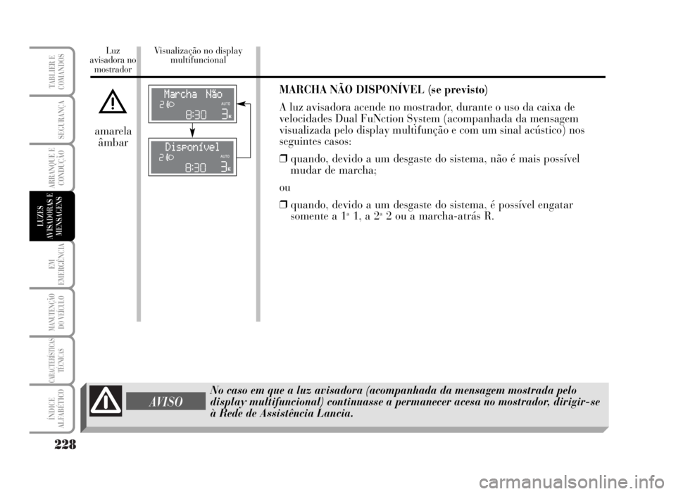 Lancia Musa 2007  Manual de Uso e Manutenção (in Portuguese) 228
EM
EMERGÊNCIA
MANUTENÇÃO
DO VEÍCULO
CARACTERÍSTICAS
TÉCNICAS
ÍNDICE
ALFABÉTICO
TABLIER E
COMANDOS
SEGURANÇA
ARRANQUE E
CONDUÇÃO
LUZES
AVISADORAS E
MENSAGENS
Luz
avisadora no
mostradorVi