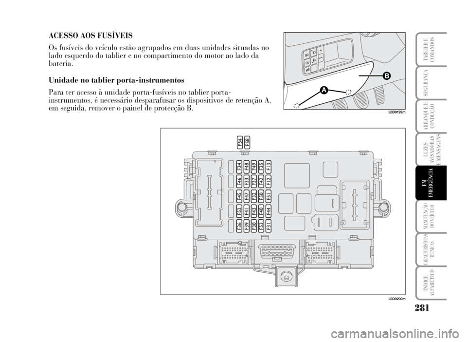 Lancia Musa 2007 Manual de Uso e Manutenção (in Portuguese) 281
LUZES
AVISADORAS
E MENSAGENS
MANUTENÇÃO
DO VEÍCULO
CARACTERÍSTICAS
TÉCNICAS
ÍNDICE
ALFABÉTICO
TABLIER E
COMANDOS
SEGURANÇA
ARRANQUE E
CONDUÇÃO
EM
EMERGÊNCIA
ACESSO AOS FUSÍVEIS
Os fus Lancia Musa 2007 Manual de Uso e Manutenção (in Portuguese) 281
LUZES
AVISADORAS
E MENSAGENS
MANUTENÇÃO
DO VEÍCULO
CARACTERÍSTICAS
TÉCNICAS
ÍNDICE
ALFABÉTICO
TABLIER E
COMANDOS
SEGURANÇA
ARRANQUE E
CONDUÇÃO
EM
EMERGÊNCIA
ACESSO AOS FUSÍVEIS
Os fus