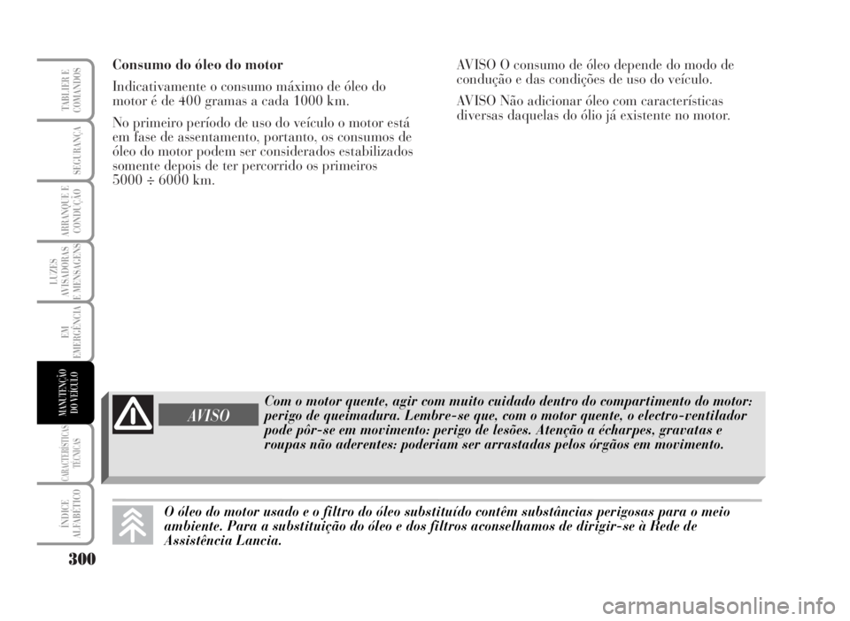Lancia Musa 2007  Manual de Uso e Manutenção (in Portuguese) Consumo do óleo do motor
Indicativamente o consumo máximo de óleo do
motor é de 400 gramas a cada 1000 km.
No primeiro período de uso do veículo o motor está
em fase de assentamento, portanto, 