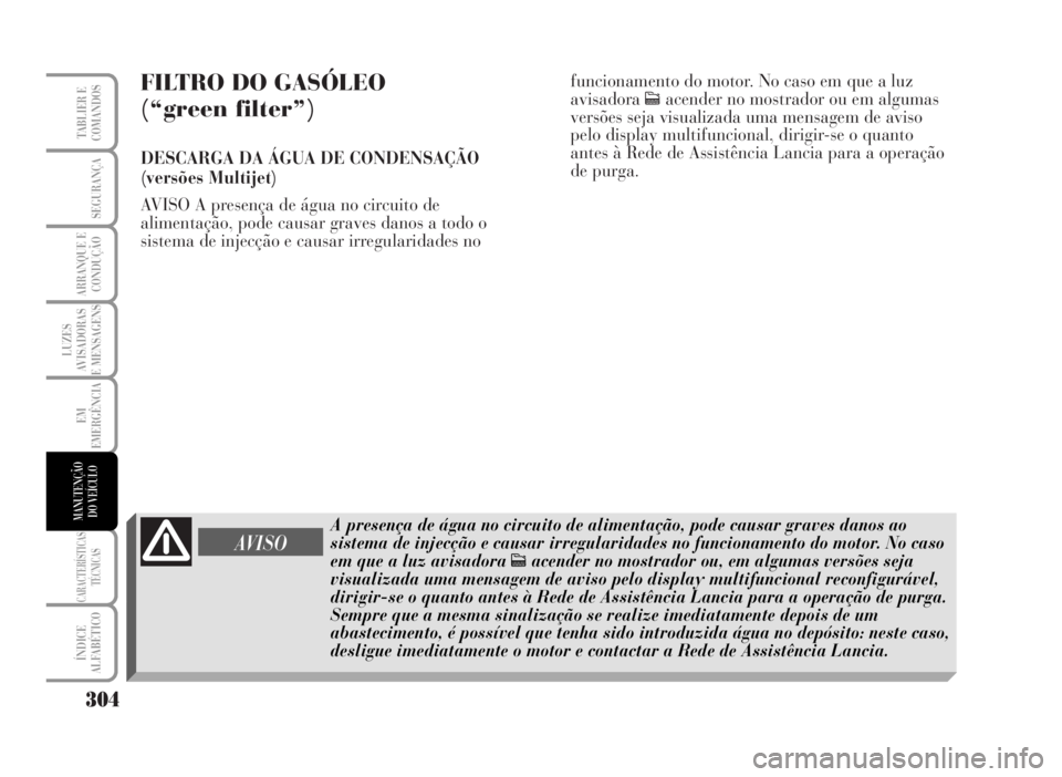 Lancia Musa 2007  Manual de Uso e Manutenção (in Portuguese) FILTRO DO GASÓLEO 
(“green filter”)
DESCARGA DA ÁGUA DE CONDENSAÇÃO
(versões Multijet)
AVISO A presença de água no circuito de
alimentação, pode causar graves danos a todo o
sistema de in