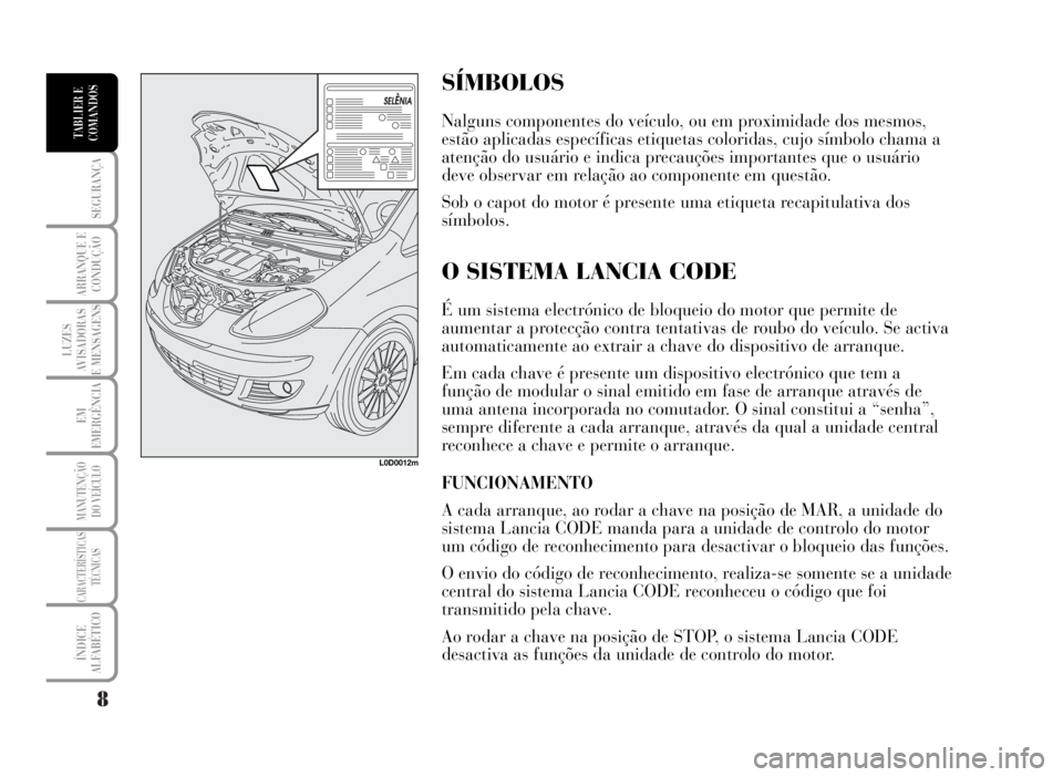 Lancia Musa 2007 Manual de Uso e Manutenção (in Portuguese) 8
SEGURANÇA
ARRANQUE E
CONDUÇÃO
LUZES
AVISADORAS
E MENSAGENS
EM
EMERGÊNCIA
MANUTENÇÃO
DO VEÍCULO
CARACTERÍSTICAS
TÉCNICAS
ÍNDICE
ALFABÉTICO
TABLIER E
COMANDOS
SÍMBOLOS
Nalguns componentes Lancia Musa 2007 Manual de Uso e Manutenção (in Portuguese) 8
SEGURANÇA
ARRANQUE E
CONDUÇÃO
LUZES
AVISADORAS
E MENSAGENS
EM
EMERGÊNCIA
MANUTENÇÃO
DO VEÍCULO
CARACTERÍSTICAS
TÉCNICAS
ÍNDICE
ALFABÉTICO
TABLIER E
COMANDOS
SÍMBOLOS
Nalguns componentes