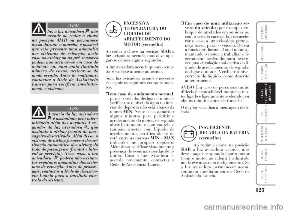 Lancia Musa 2008  Manual de Uso e Manutenção (in Portuguese) 127
EM
EMERGÊNCIA
MANUTENÇÃO
DO VEÍCULO
DADOS
TÉCNICOS
ÍNDICE
ALFABÉTICO
TABLIER E
COMANDOS
SEGURANÇA
ARRANQUE
E CONDUÇÃO
LUZES
AVISADORAS E
MENSAGENS
Se, a luz avisadora ¬não
acende ao ro