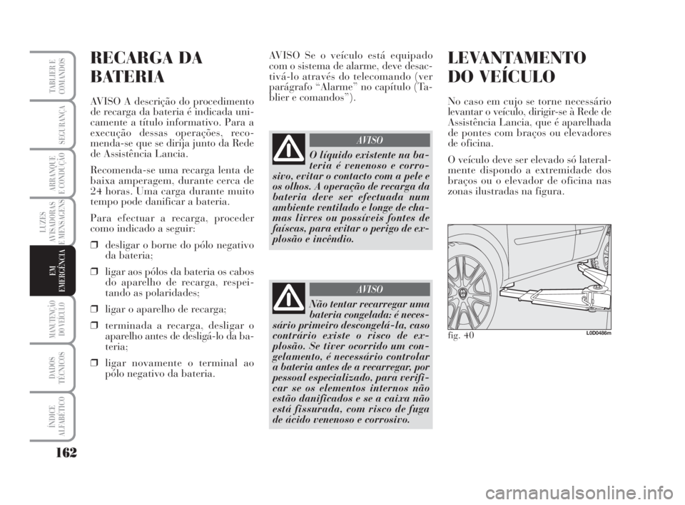 Lancia Musa 2008 Manual de Uso e Manutenção (in Portuguese) 162
LUZES
AVISADORAS
E MENSAGENS
MANUTENÇÃO
DO VEÍCULO
DADOS
TÉCNICOS
ÍNDICE
ALFABÉTICO
TABLIER E
COMANDOS
SEGURANÇA
ARRANQUE
E CONDUÇÃO
EM
EMERGÊNCIA
RECARGA DA
BATERIA
AVISO A descrição Lancia Musa 2008 Manual de Uso e Manutenção (in Portuguese) 162
LUZES
AVISADORAS
E MENSAGENS
MANUTENÇÃO
DO VEÍCULO
DADOS
TÉCNICOS
ÍNDICE
ALFABÉTICO
TABLIER E
COMANDOS
SEGURANÇA
ARRANQUE
E CONDUÇÃO
EM
EMERGÊNCIA
RECARGA DA
BATERIA
AVISO A descrição