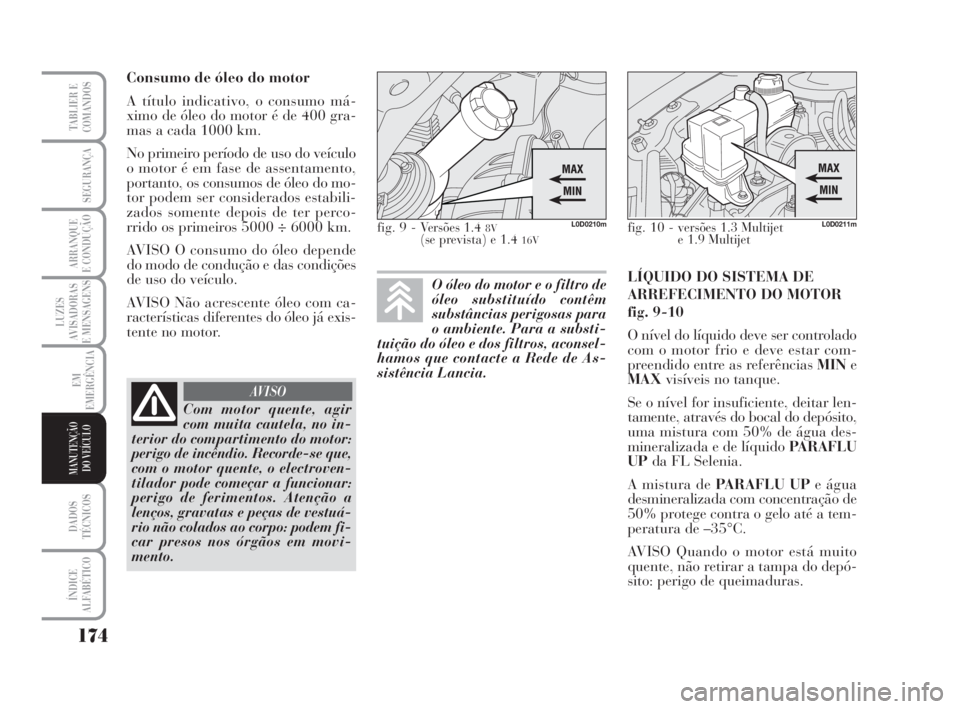 Lancia Musa 2008  Manual de Uso e Manutenção (in Portuguese) 174
LUZES
AVISADORAS
E MENSAGENS
DADOS
TÉCNICOS
ÍNDICE
ALFABÉTICO
TABLIER E
COMANDOS
SEGURANÇA
ARRANQUE
E CONDUÇÃO
EM
EMERGÊNCIA
MANUTENÇÃO
DO VEÍCULO
Consumo de óleo do motor
A título ind
