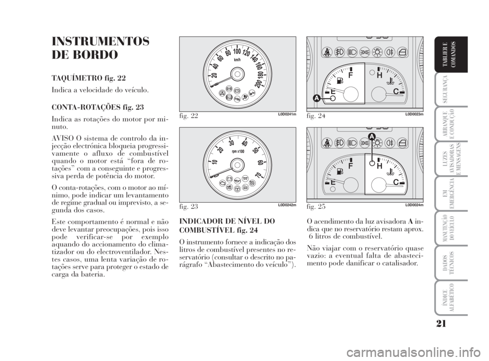 Lancia Musa 2008  Manual de Uso e Manutenção (in Portuguese) 21
SEGURANÇA
ARRANQUE
E CONDUÇÃO
LUZES
AVISADORAS
E MENSAGENS
EM
EMERGÊNCIA
MANUTENÇÃO
DO VEÍCULO
DADOS
TÉCNICOS
ÍNDICE
ALFABÉTICO
TABLIER E
COMANDOS
INSTRUMENTOS
DE BORDO
TAQUÍMETRO fig. 2