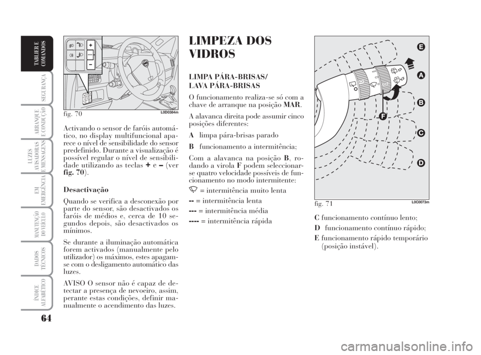 Lancia Musa 2008  Manual de Uso e Manutenção (in Portuguese) 64
SEGURANÇA
ARRANQUE
E CONDUÇÃO
LUZES
AVISADORAS
E MENSAGENS
EM
EMERGÊNCIA
MANUTENÇÃO
DO VEÍCULO
DADOS
TÉCNICOS
ÍNDICE
ALFABÉTICO
TABLIER E
COMANDOS
LIMPEZA DOS
VIDROS
LIMPA PÁRA-BRISAS/
L